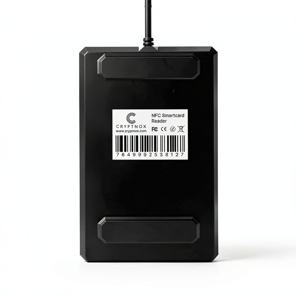 Cryptnox NFC reader writer connected to a laptop showing LED indicator