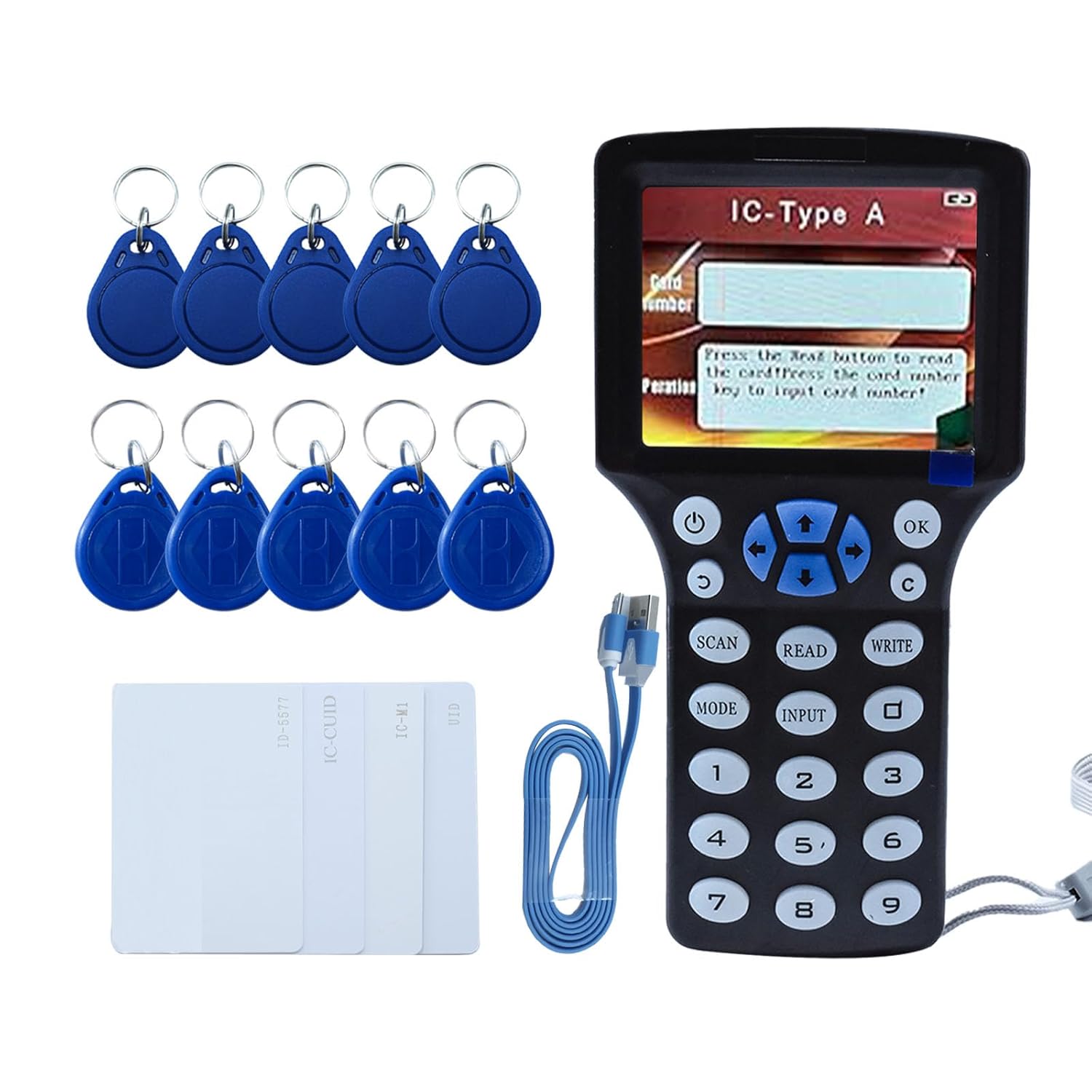 Tqsbeyah RFID Reader Writer displaying its compact design and included accessories