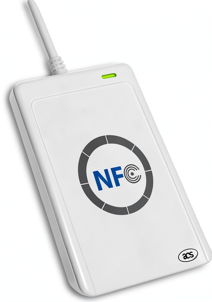 XCRFID ACR122U-A9 NFC reader on a desk with smart cards