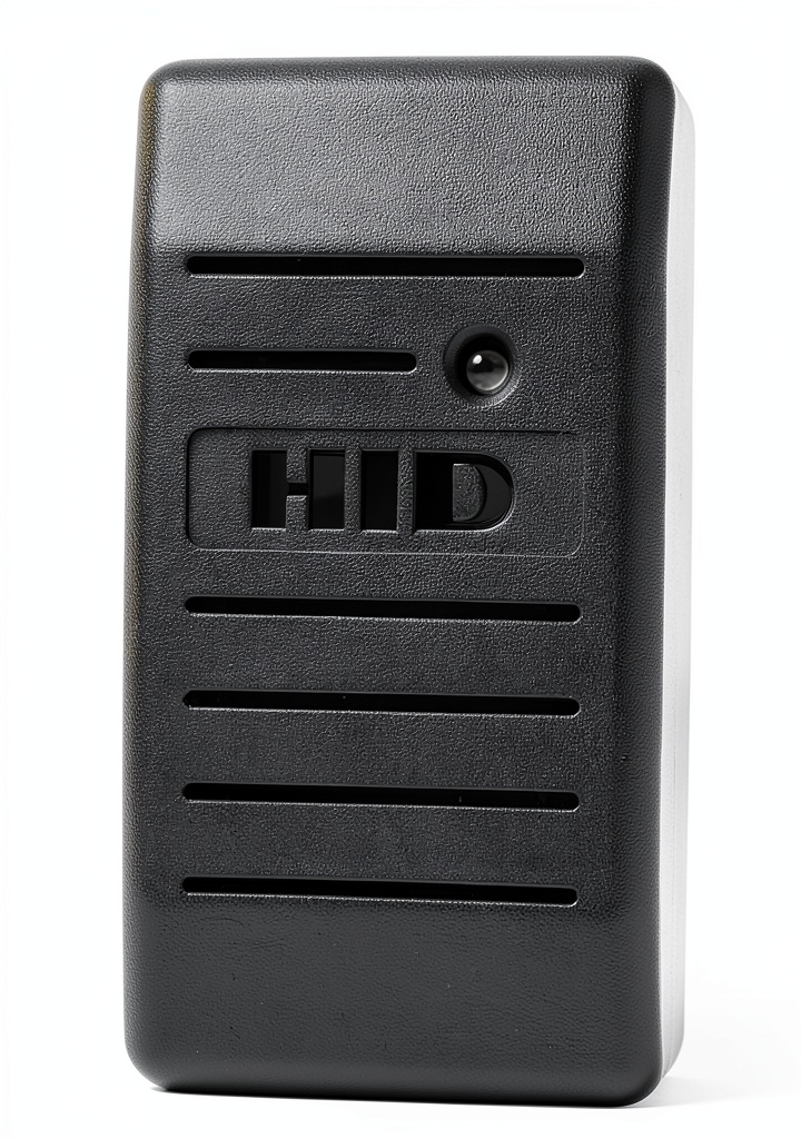 Installing HID Global Access Card Reader Commercial Security Device on a wooden desk